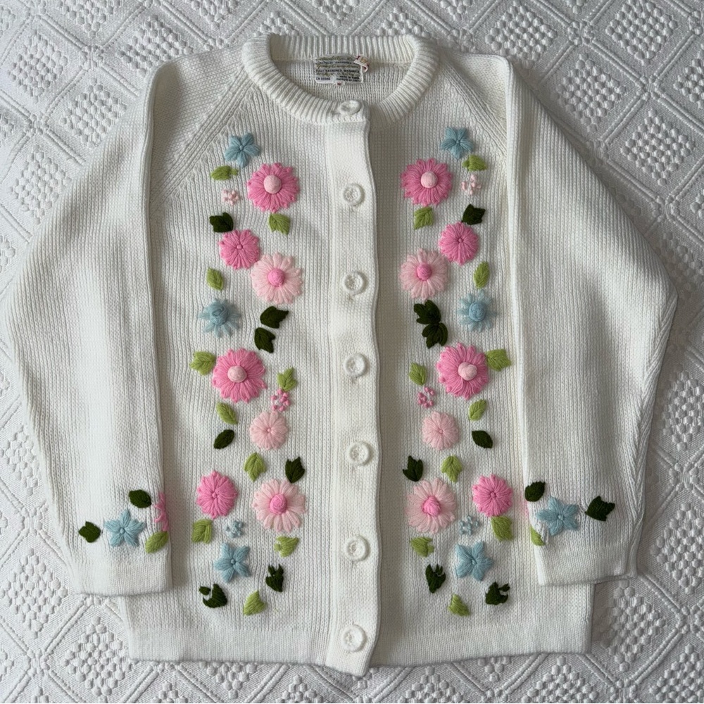 Vintage White Acrylic Cardigan with Pink Embroidered Flowers, medium